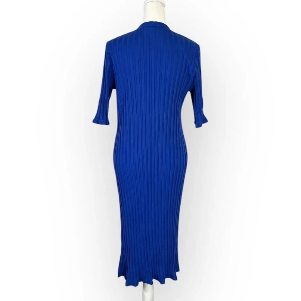 Eileen Fisher High-Low Dress Women's Large Blue Wide Rib Stretch Mock Neck